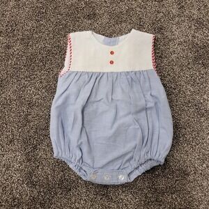 Baby Bubble Romper Blue White Stripe Red Trim Buttons Size 6 Months
